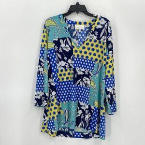 Pappagallo Long Sleeve Tunic Top Blouse Blue Yellow Bright Womens XL
